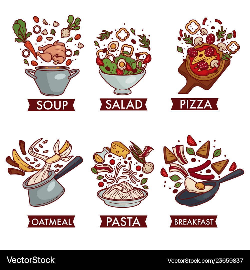 Meals or dishes food meat fruit and vegetables Meals or dishes food meat fruit and vegetables vector image