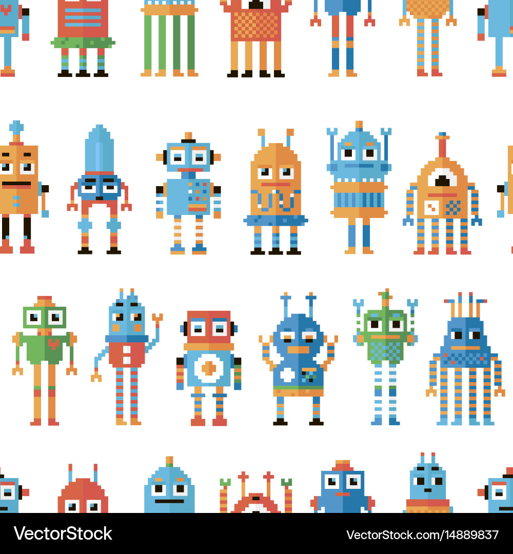 Seamless pattern with pixel robots vector image