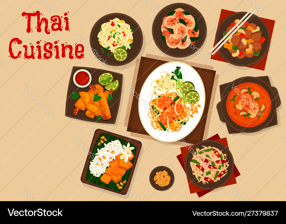 Thailändische Gerichte mit asiatischen Meeresfrüchten Reis und Huhn Thailändische Gerichte mit asiatischen Meeresfrüchten Reis und Huhn vektorbild