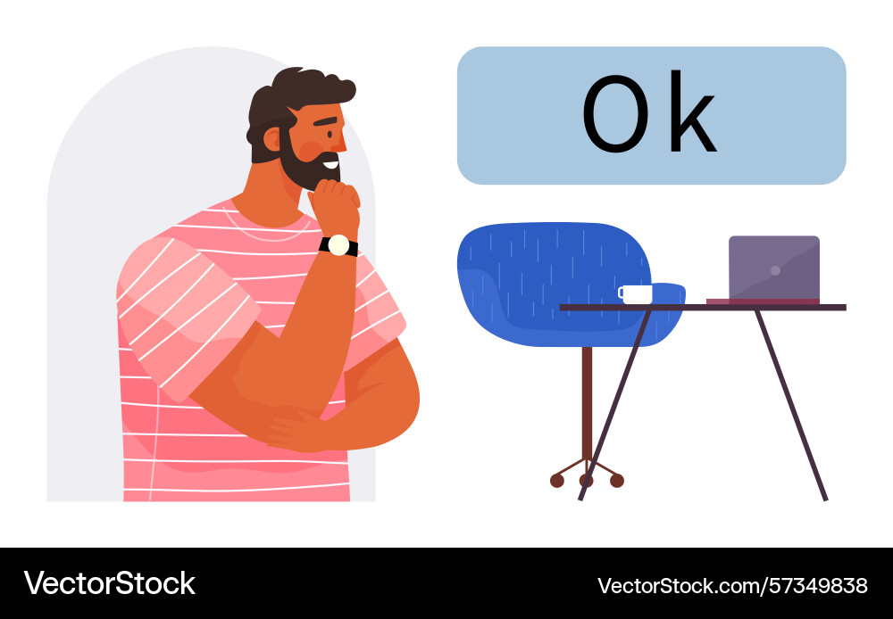 Man in thoughtful pose looking at desk setup Man in thoughtful pose looking at desk setup Vector Image