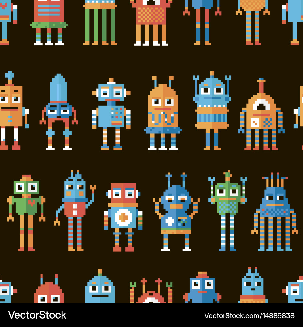 Pixel Robot Seamless Pattern Vector Image