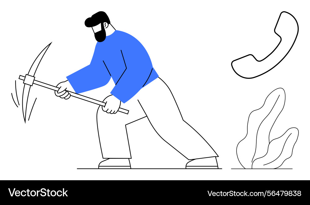 Worker mining with pickaxe while phone receiver Vector Image