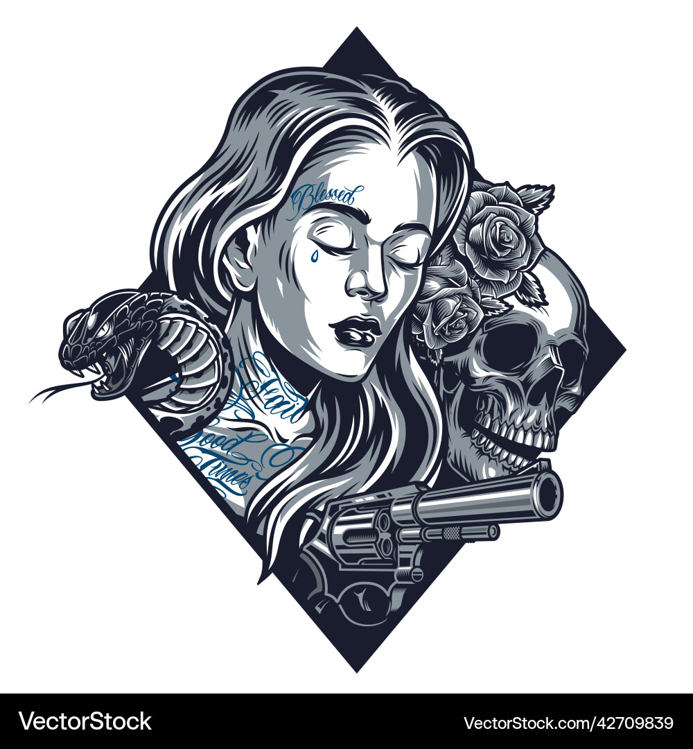 Chicano Girl with Snake & Rose Vector Image