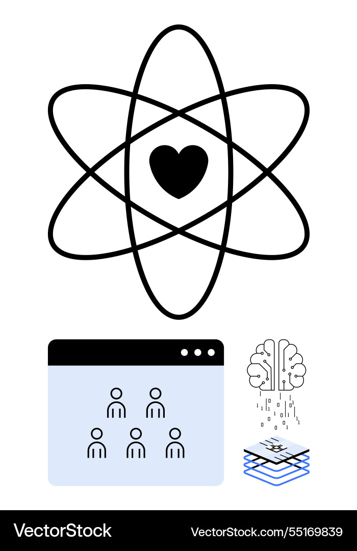 Heart within atom brain with binary code Heart within atom brain with binary code vector image