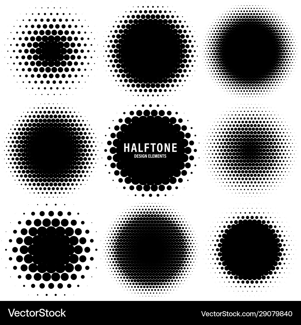 Circle halftone design elements with black dots Circle halftone design elements with black dots vector image
