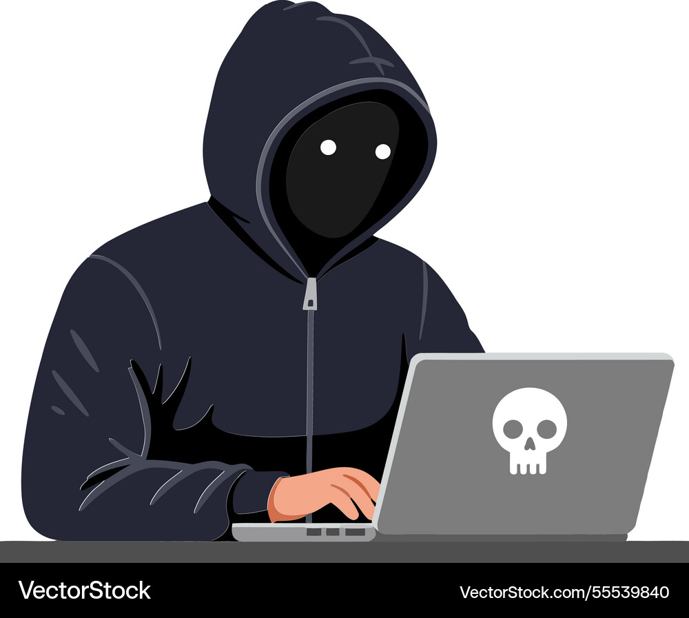 Mysterious hacker in a hoodie using laptop Mysterious hacker in a hoodie using laptop vector image