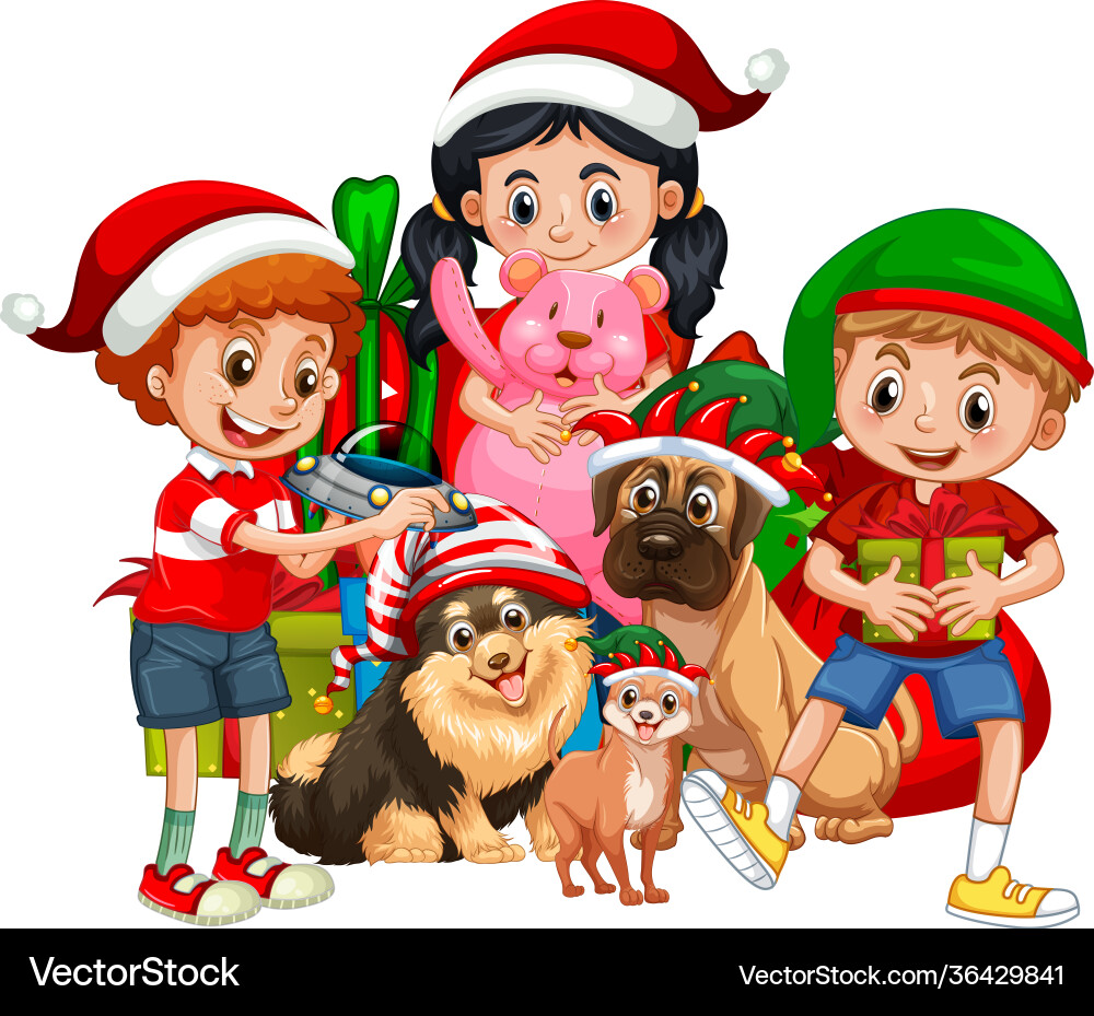 Gruppenkinder mit ihrem Hund tragen Weihnachten Gruppenkinder mit ihrem Hund tragen Weihnachten vektorbild