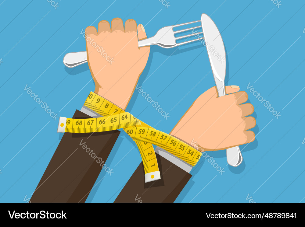 Hands with a fork are tied measuring tape Vector Image