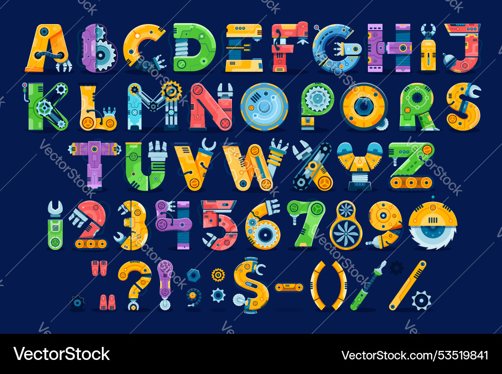 Mechanical Alphabet Font - Gears & Robots vector image