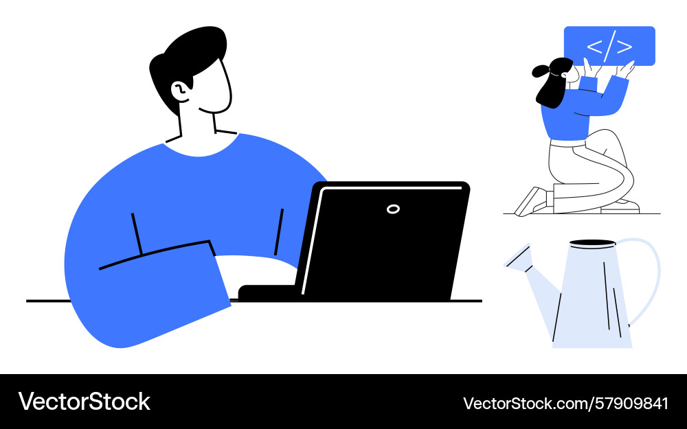 Programmer working on laptop while developer codes vector image