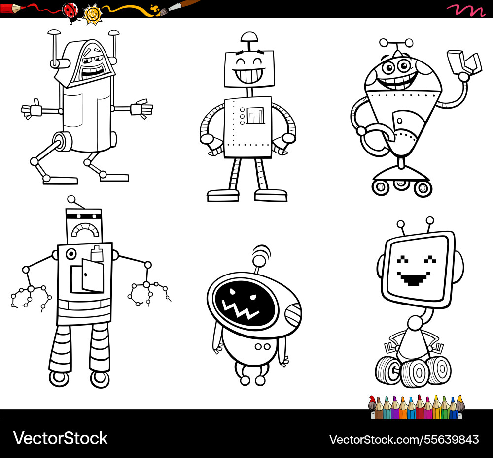 Cartoon robots and droids characters set coloring Vector Image