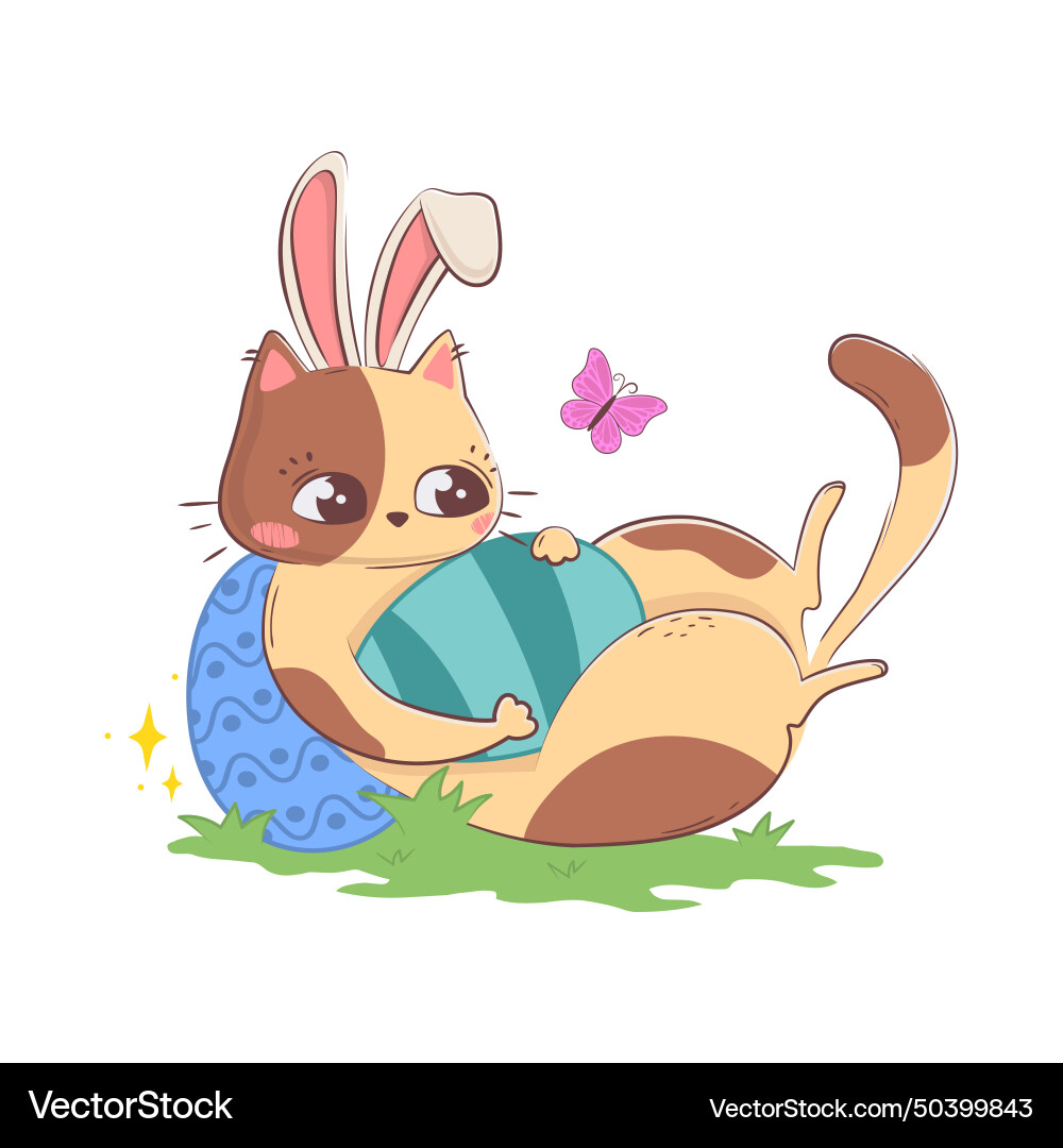 Cute cartoon cat with bunny ears lying on his back Cute cartoon cat with bunny ears lying on his back vector image