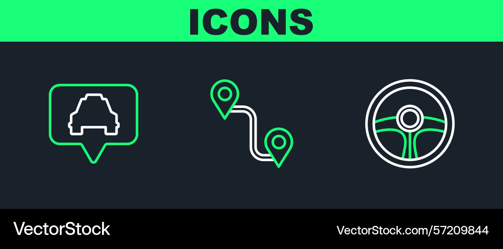 Set line steering wheel map pointer with taxi Set line steering wheel map pointer with taxi vector image