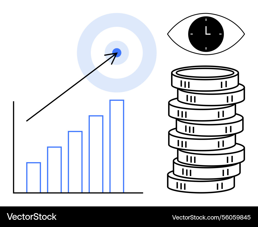 Growth chart target arrow coins stack and clock Growth chart target arrow coins stack and clock Vector Image