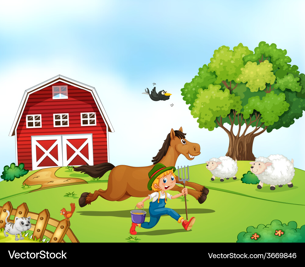 Farmer and Horse Running in a Field Vector Image
