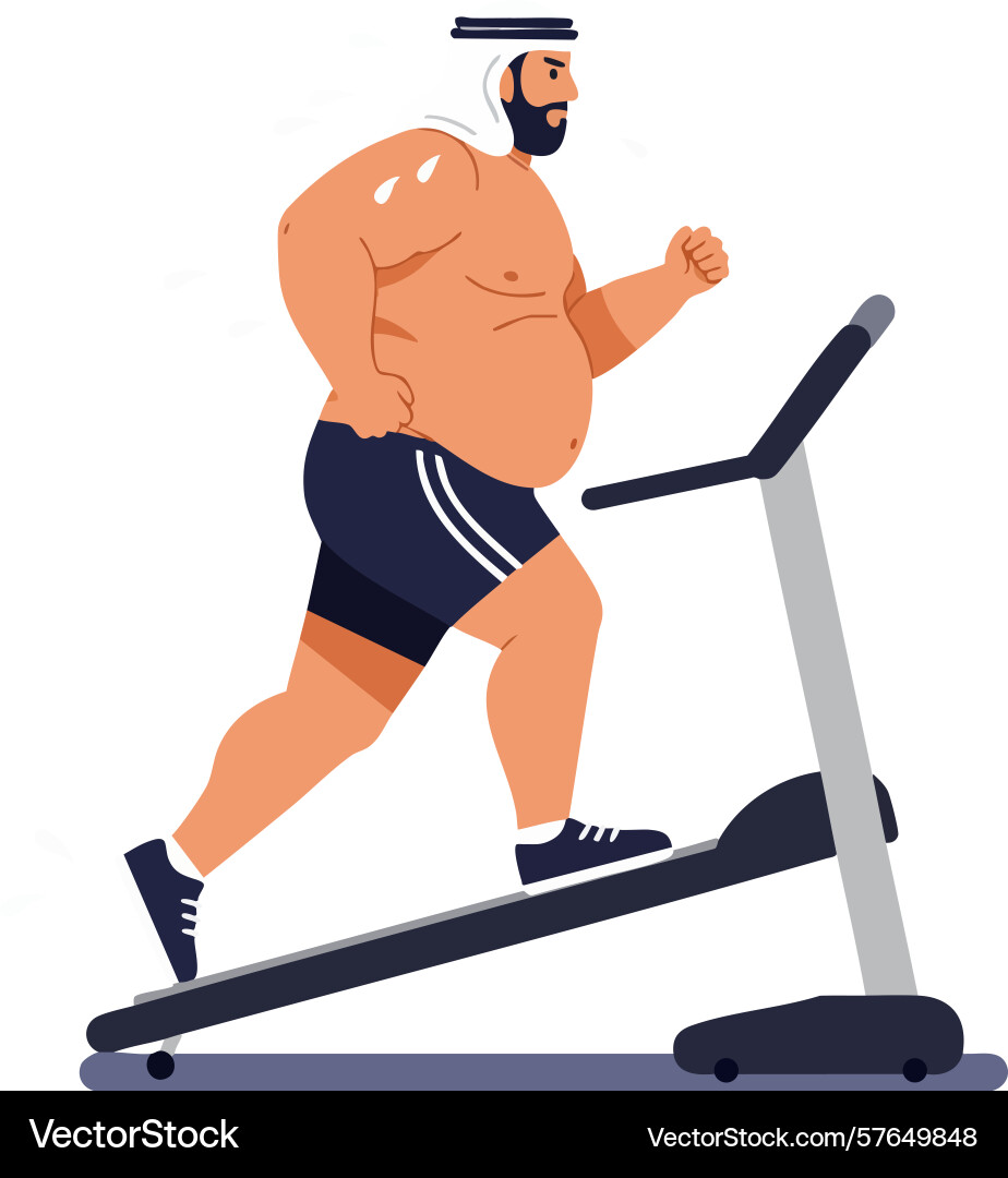 Overweight man running on treadmill exercising Vector Image