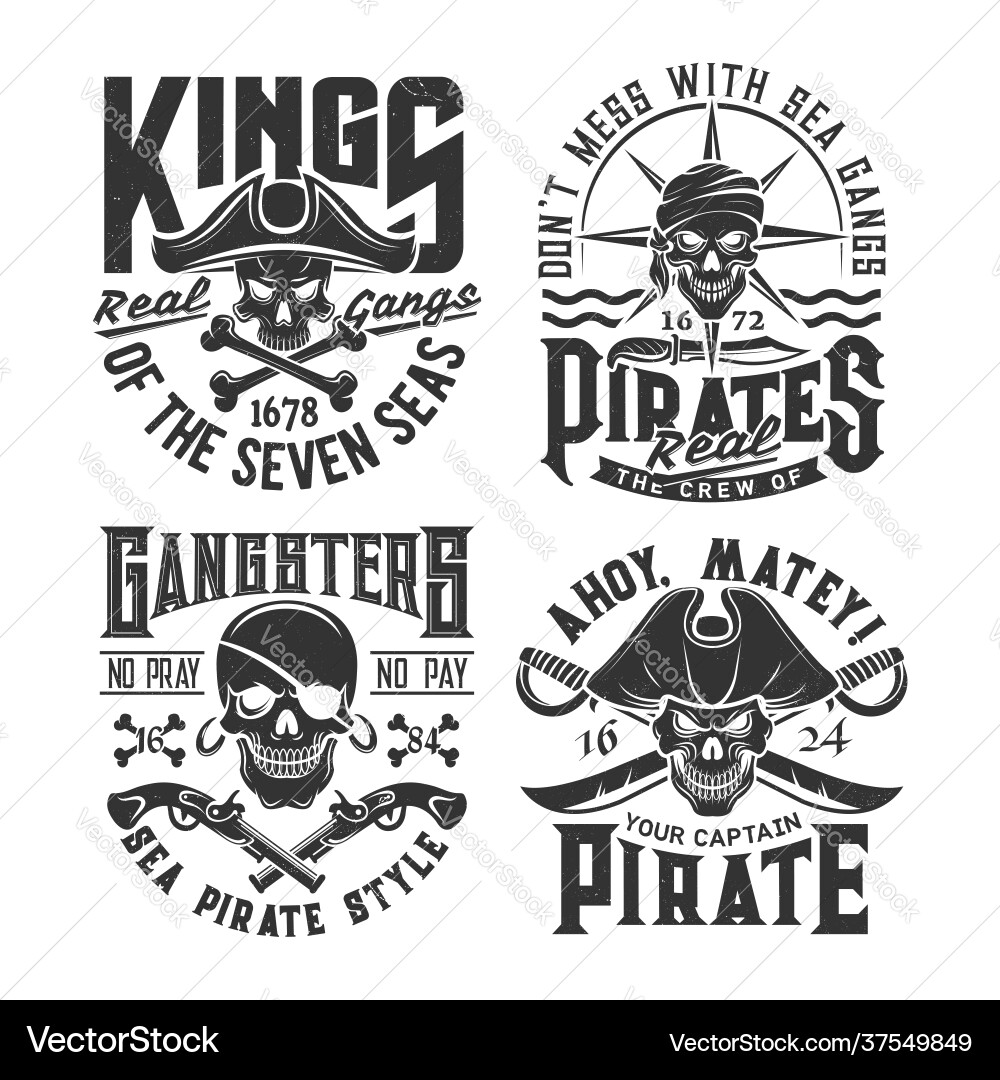 Pirates skulls with crossed bones and weapon print Pirates skulls with crossed bones and weapon print vector image