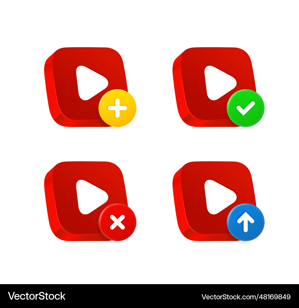 Play button icon set with different pictograms 3d vector image