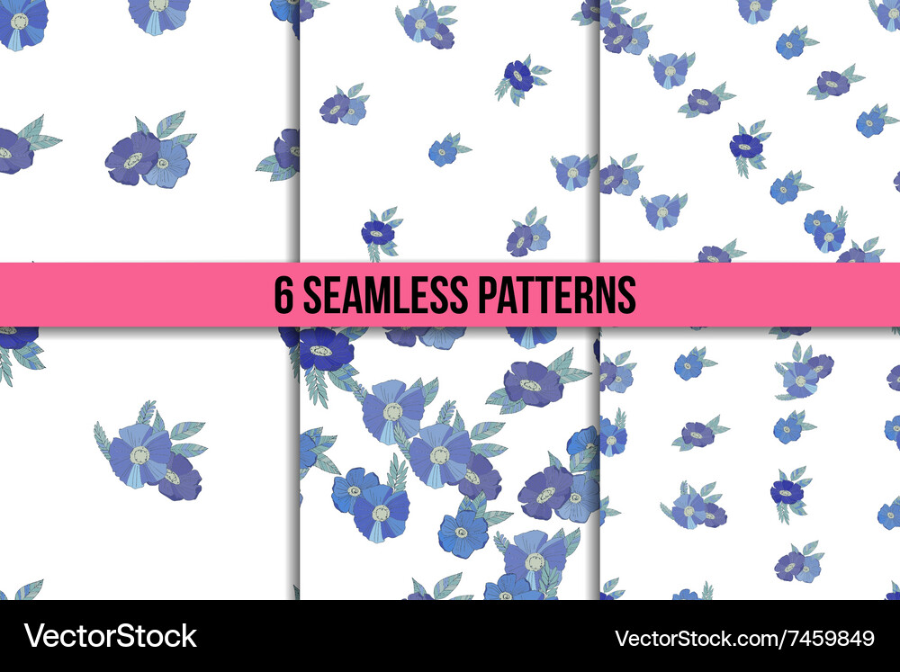 Set osix seamless patterns with blue flowers Vector Image