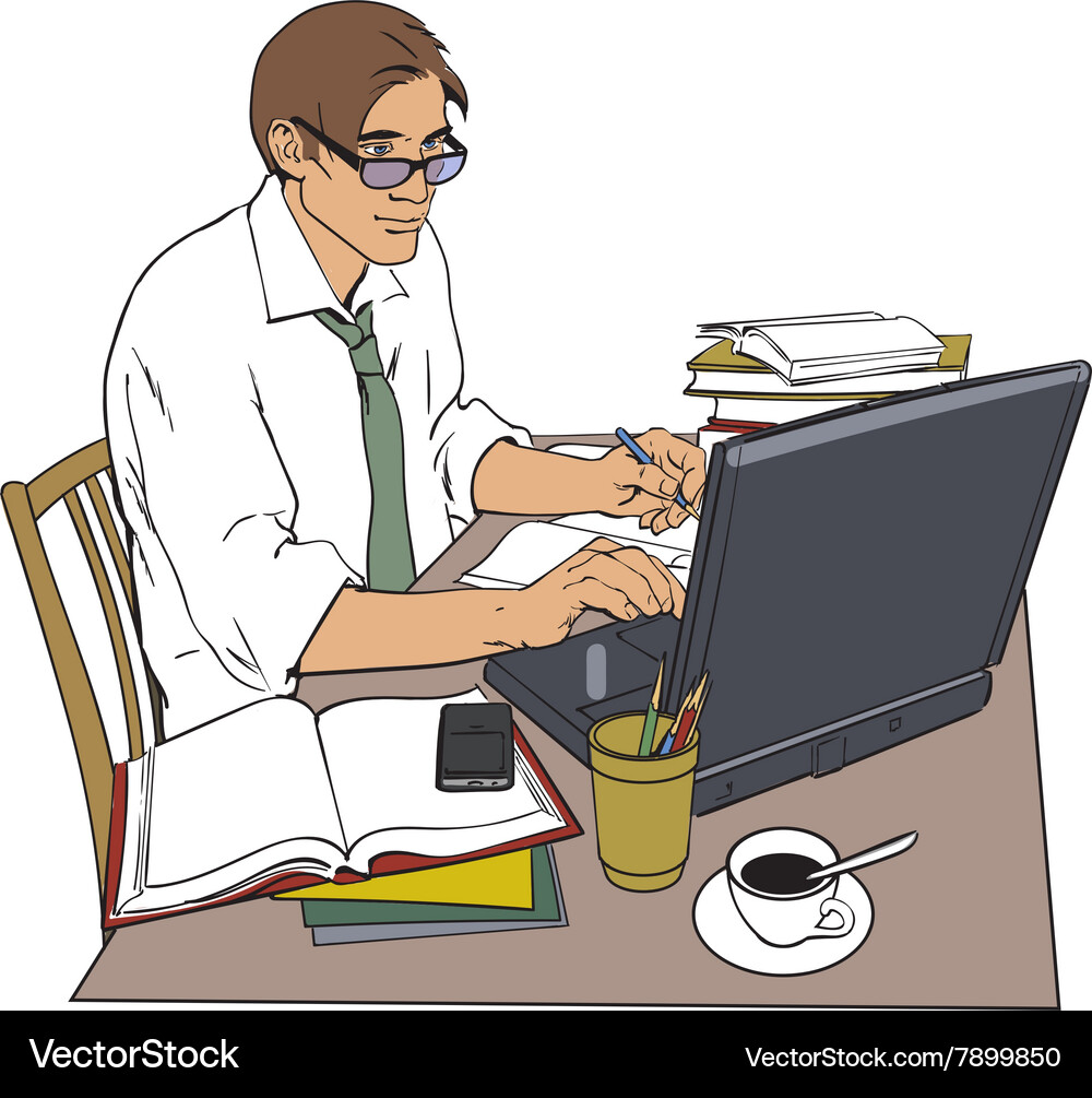 Man at work and a large number of documents Vector Image