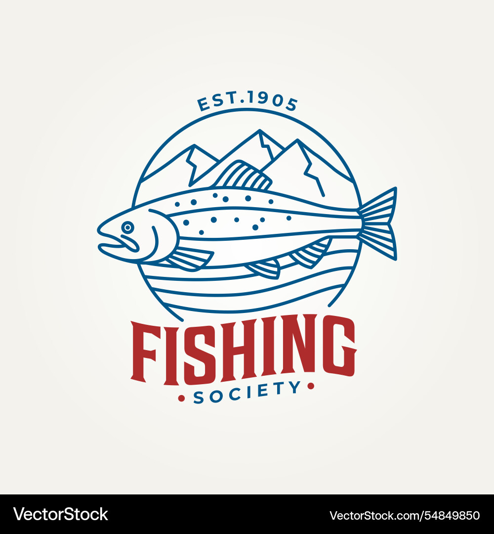 Trout fish with mountain and lake line art logo Trout fish with mountain and lake line art logo vector image