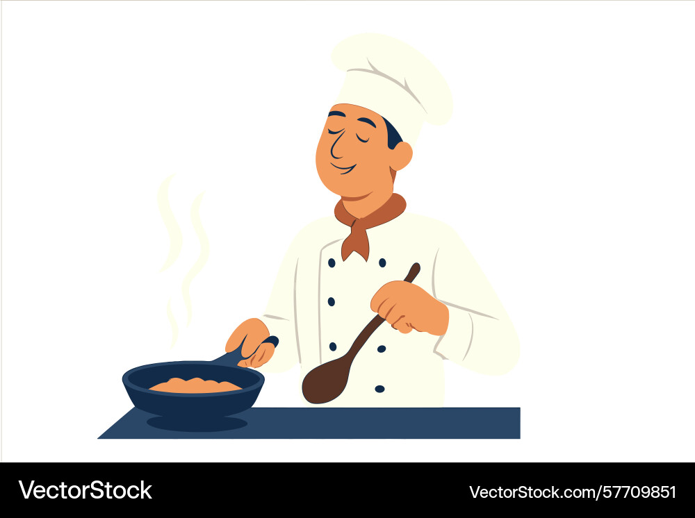 Chef cooks with smug satisfaction using frying pan Chef cooks with smug satisfaction using frying pan Vector Image