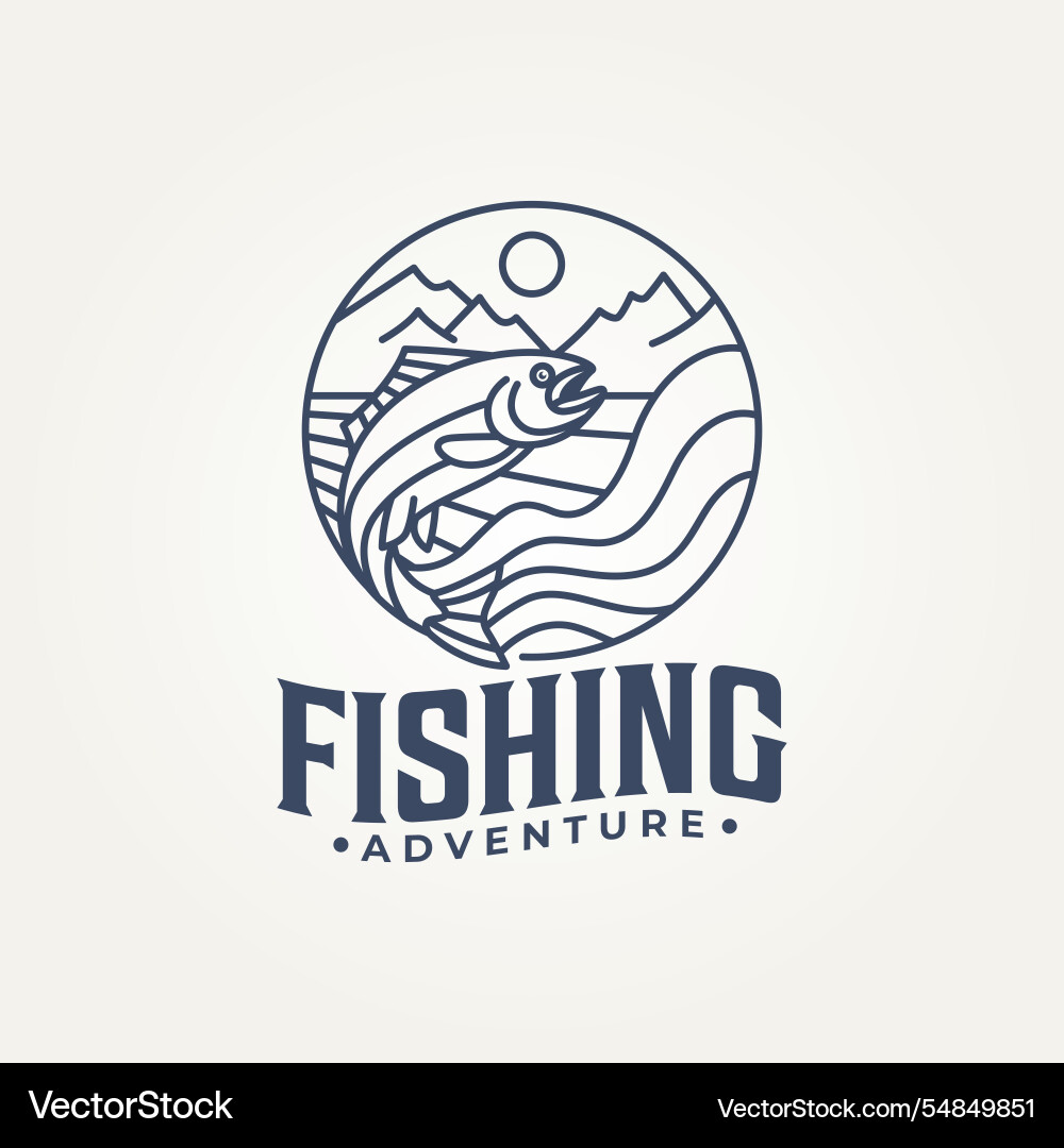 Trout fish with mountain and lake line art logo Trout fish with mountain and lake line art logo Vector Image