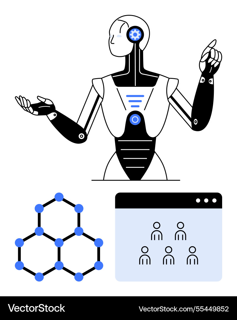 Futuristic robot explaining digital connectivity Futuristic robot explaining digital connectivity Vector Image