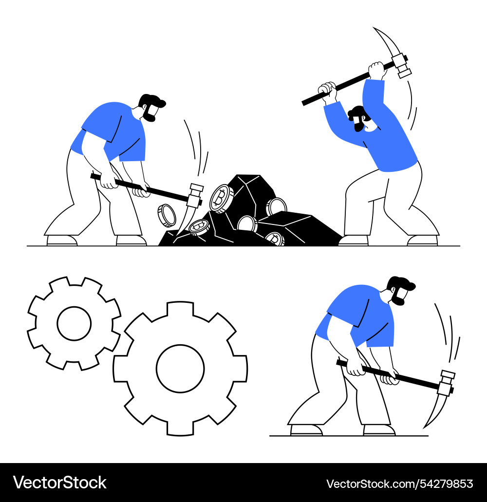 Team of workers using sledgehammers on rocks Team of workers using sledgehammers on rocks Vector Image