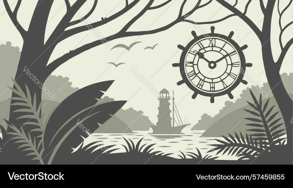 Clock face hovering over lighthouse in forest Vector Image