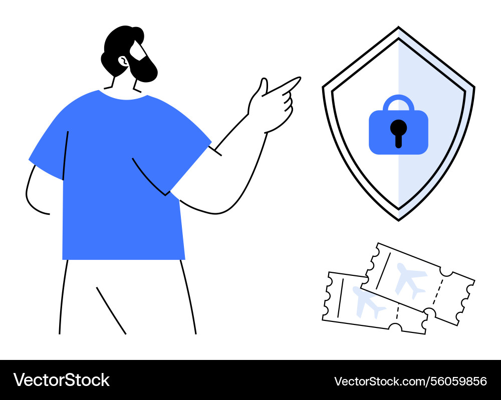Man gesturing to security shield with lock Man gesturing to security shield with lock vector image