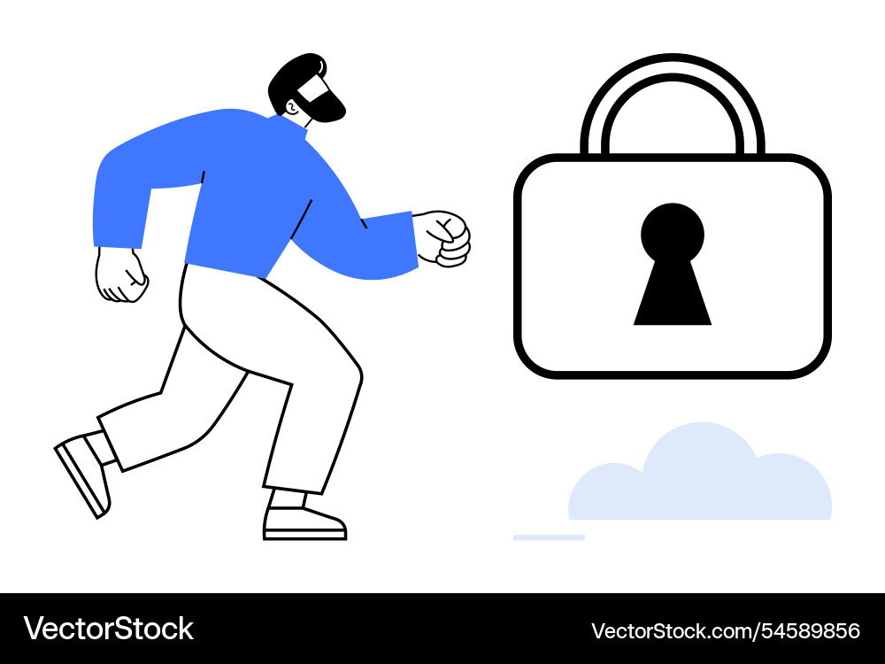 Man running toward large lock symbol with keyhole Man running toward large lock symbol with keyhole vector image