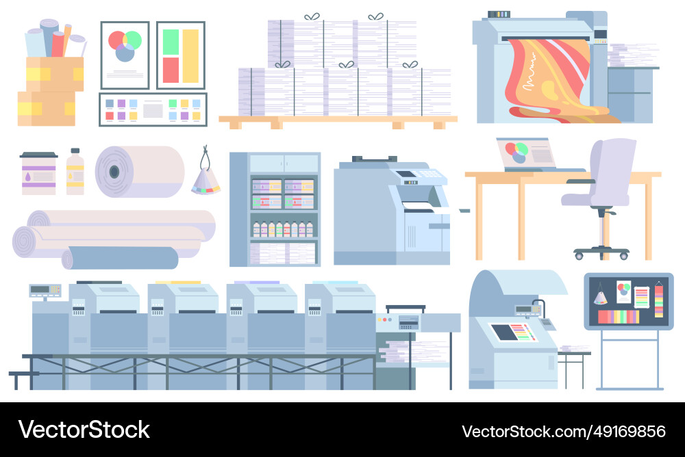 Polygraphy equipment set for publishing industry Polygraphy equipment set for publishing industry vector image