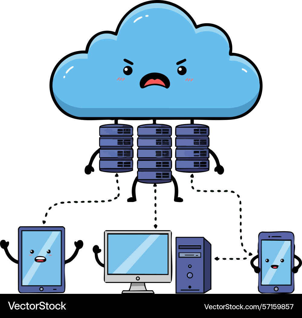Angry cloud server hosting network with connected Angry cloud server hosting network with connected vector image