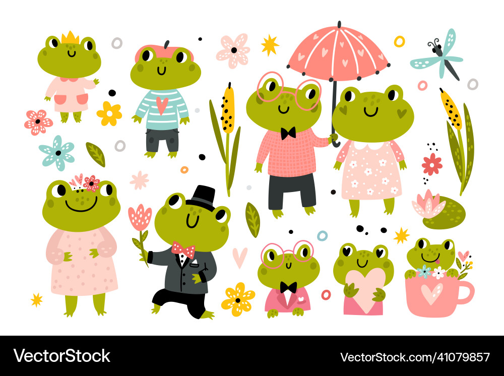 Cute frogs funny happy cartoon frog characters Cute frogs funny happy cartoon frog characters vector image