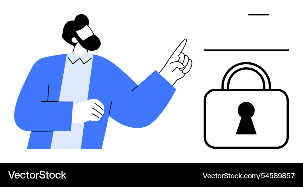 Man pointing at a padlock representing data vector image