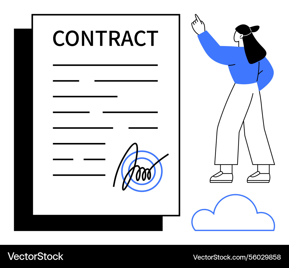 Contract with signature and person pointing upward Contract with signature and person pointing upward vector image