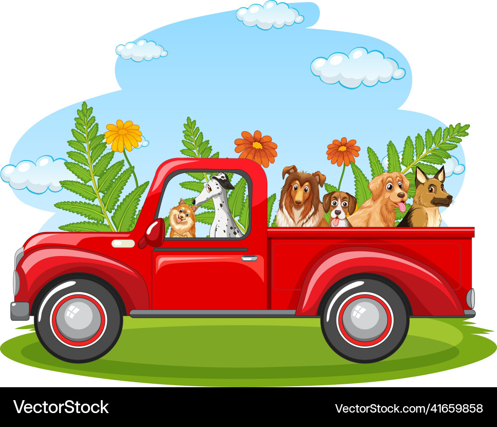 Many dogs riding on red truck in the park Many dogs riding on red truck in the park vector image