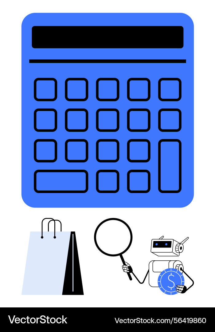 Calculator with robot analyzing coin and shopping Vector Image