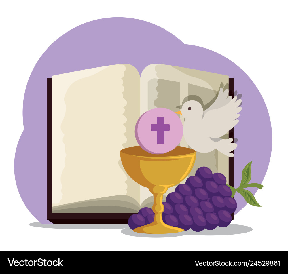 Bible with chalice and grapes to first communion Bible with chalice and grapes to first communion vector image