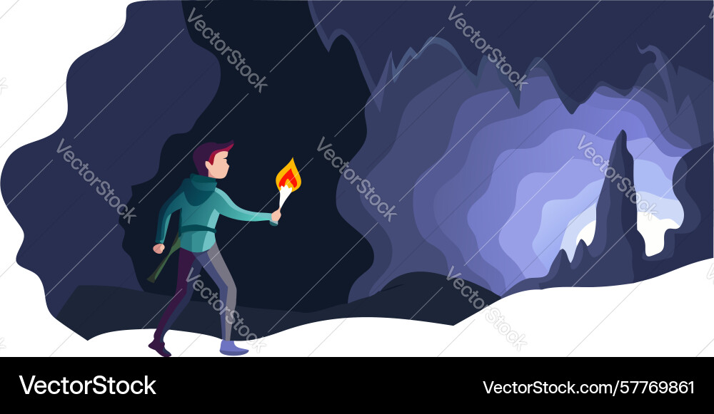 Spelunkers exploring a cavern with torchlight Vector Image
