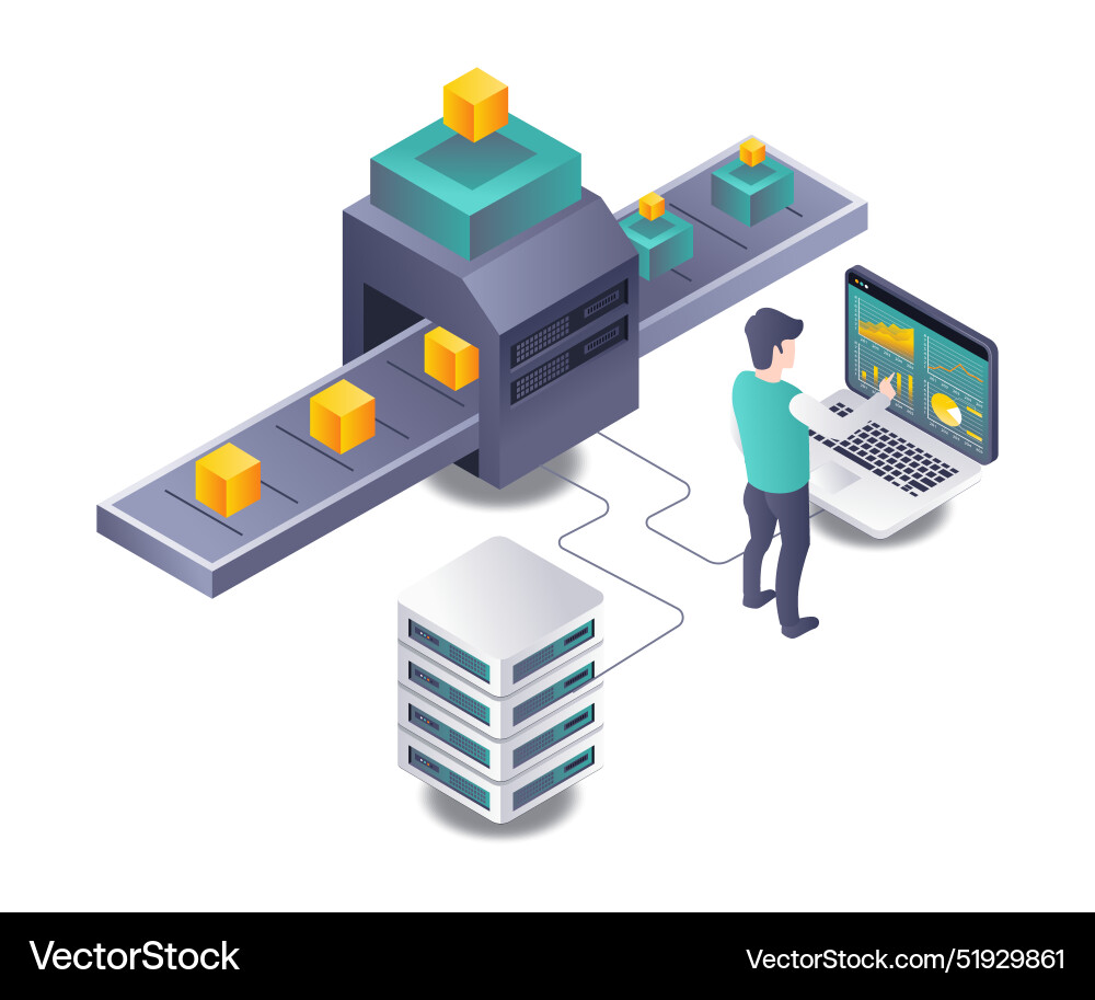 Workers processing server technology data analysis Workers processing server technology data analysis vector image