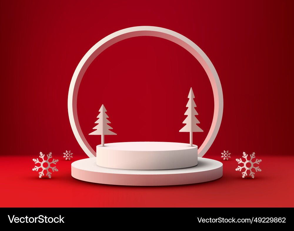 3d realistic white christmas podium on red Vector Image