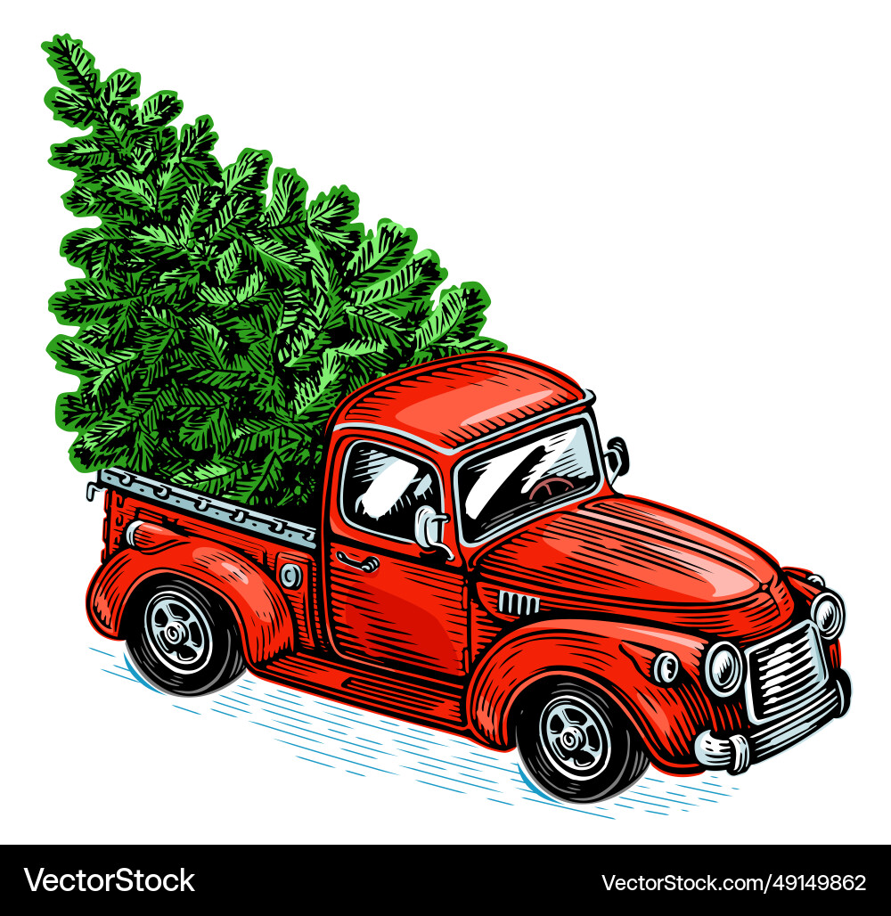 Retro red truck and fir tree in the back of a car vector image