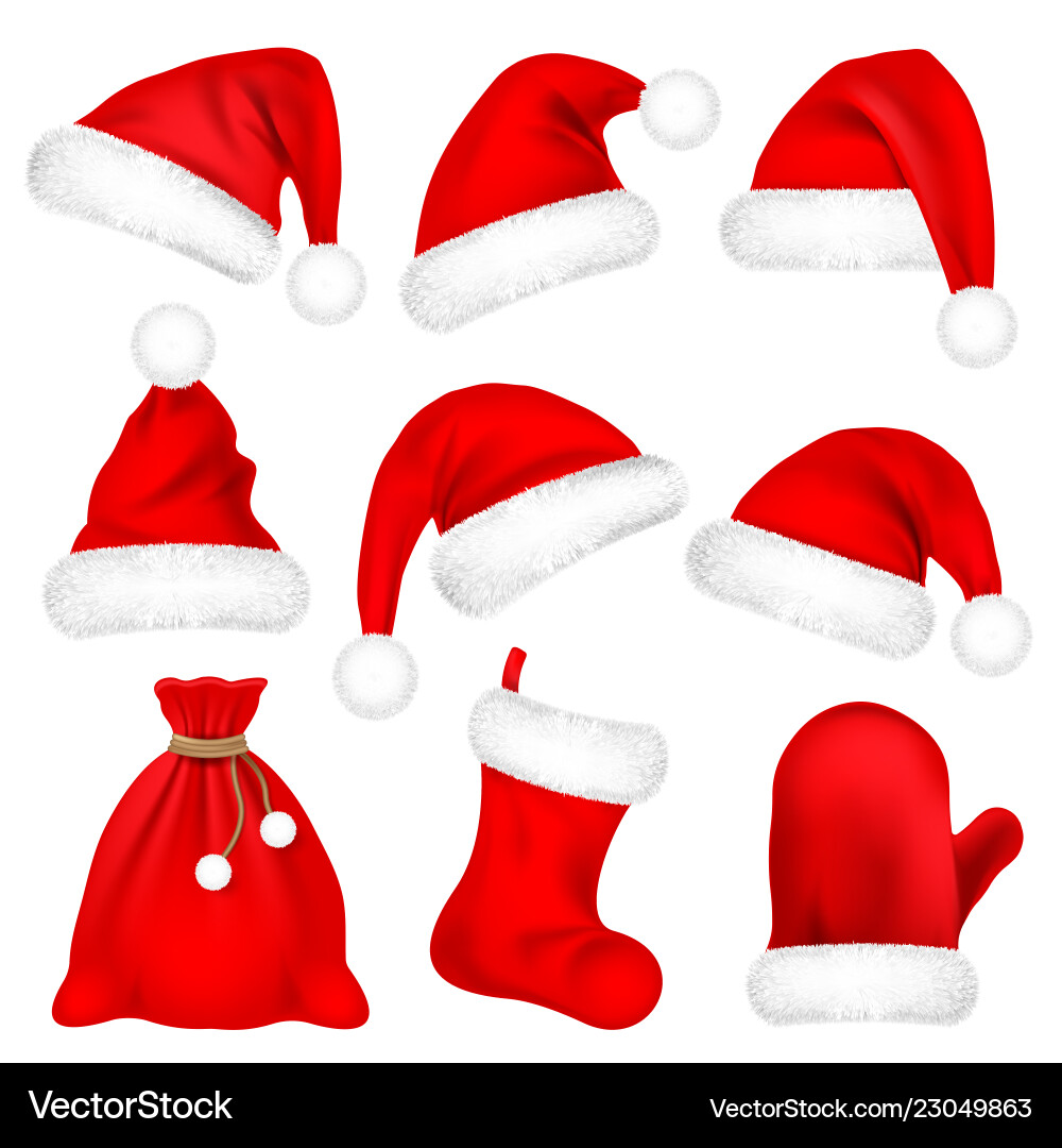 Christmas santa claus hats with fur set mitten Christmas santa claus hats with fur set mitten vector image