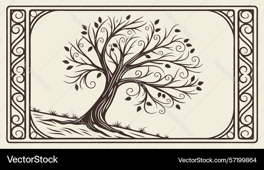 Old tree oval frame ornament design generative ai vector image