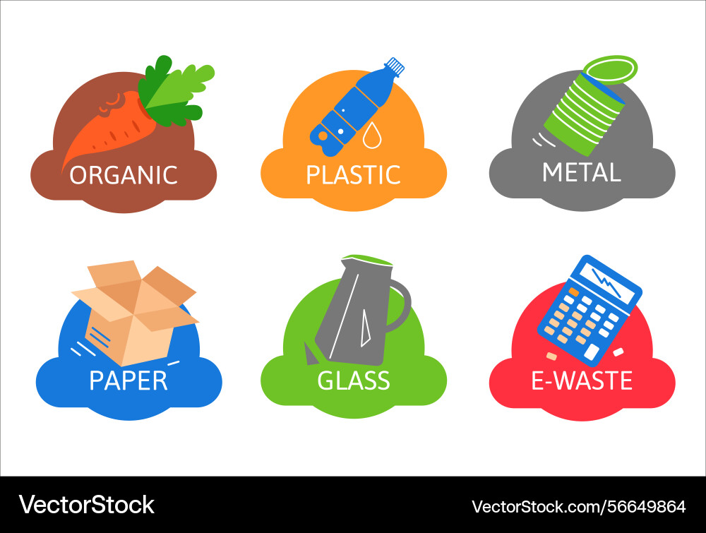 Set of flat icons for sorting garbage stickers vector image