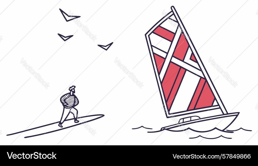 Dynamic windsurfer on waves with red sail design Vector Image