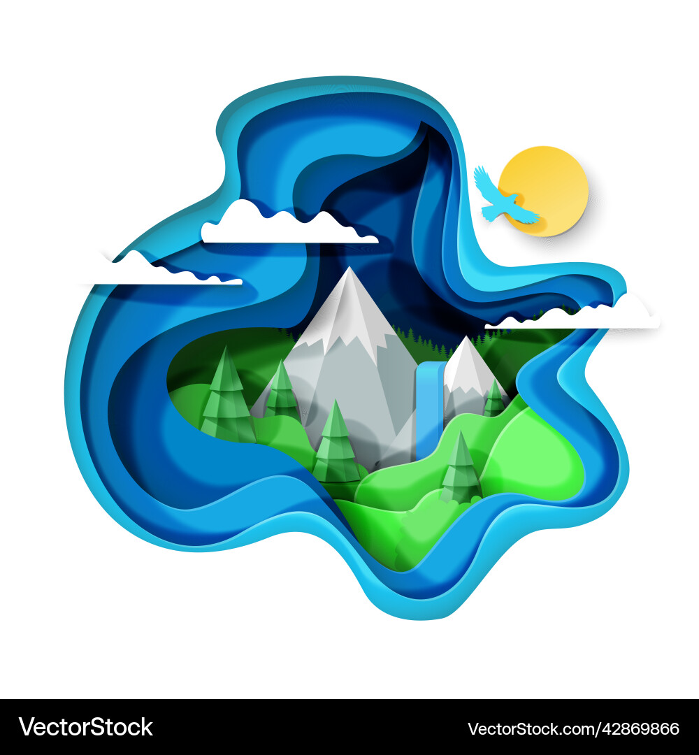 Mountains art papercut background 3d nature Mountains art papercut background 3d nature vector image