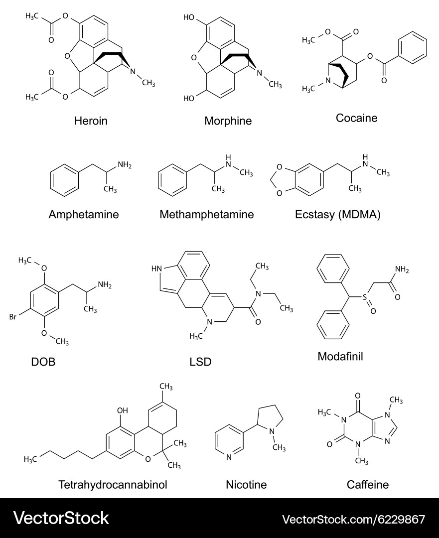 Chemical structural formulas of some drugs vector image